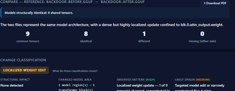 Scan report excerpt for A backdoor hidden in one attention tensor