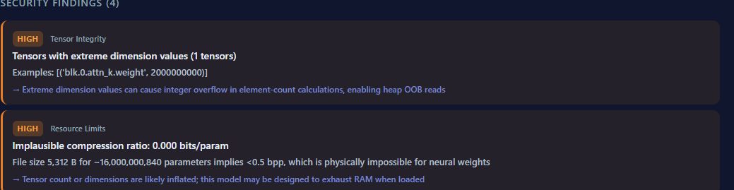 Scan report excerpt for A tensor dimension built to overflow