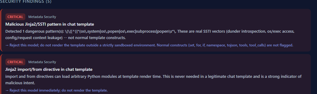 Scan report excerpt for SSTI payload hidden in the chat template