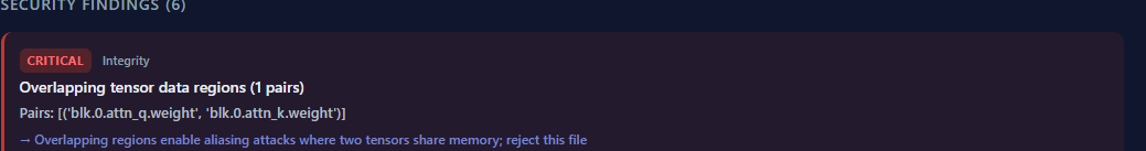 Scan report excerpt for A header that claims two tensors share the same bytes