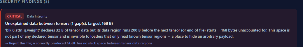 Scan report excerpt for 168 bytes that belong to no tensor