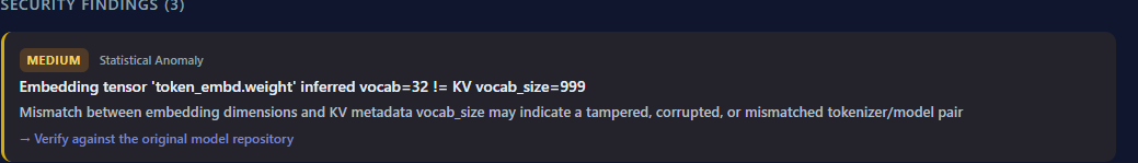 Scan report excerpt for The embedding table doesn't match its own metadata